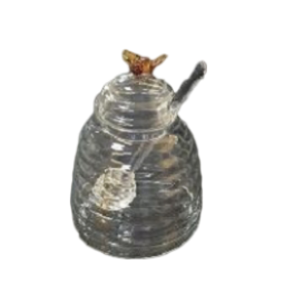 POT DE MIEL EN VERRE AVEC ABEILLE ET CUILLERE