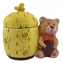 POT A MIEL EN CERAMIQUE RUCHE AVEC OURSON ET CUILLERE A MIEL